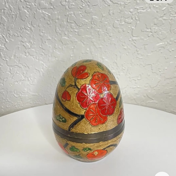 Penco Inc Brass & Enamel Egg Trinket Holder Cloisonné Gold w/Red Flowers - Picture 2 of 9
